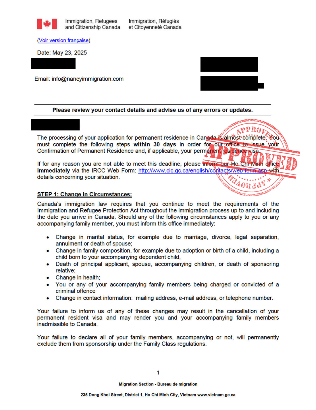 Redacted IRCC permanent residence approval letter