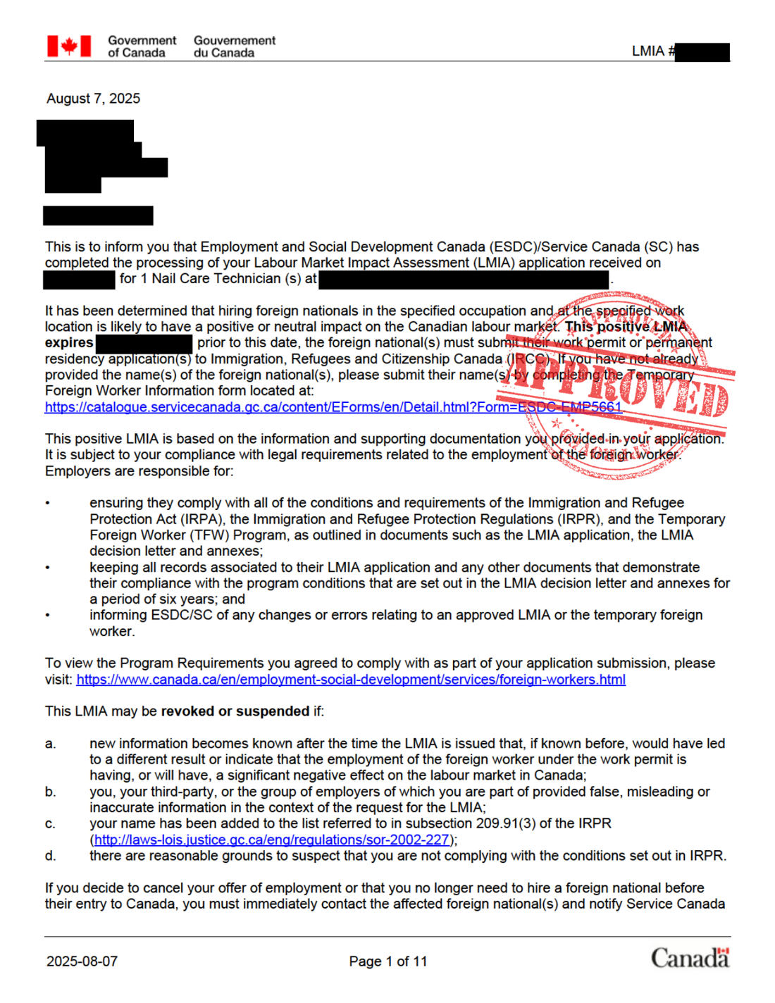 Redacted ESDC positive Labour Market Impact Assessment