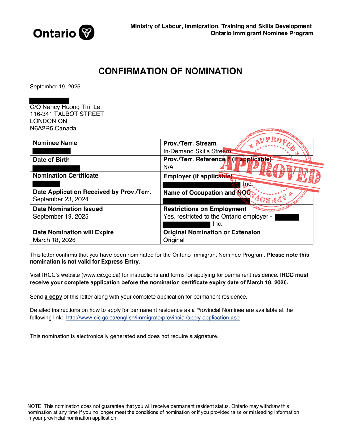 Redacted Ontario Immigrant Nominee Program confirmation of nomination