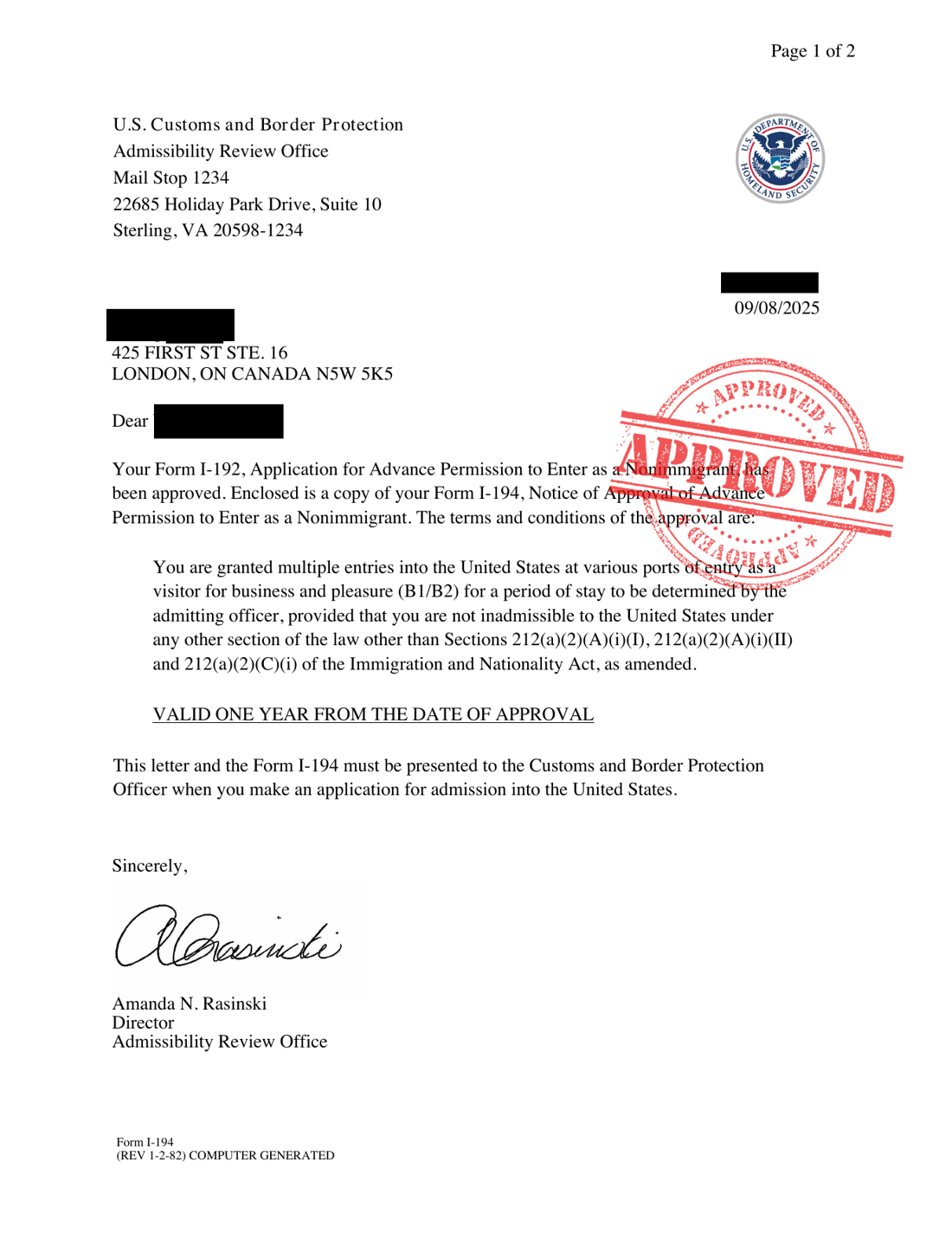 Redacted U.S. CBP I-192 entry waiver approval