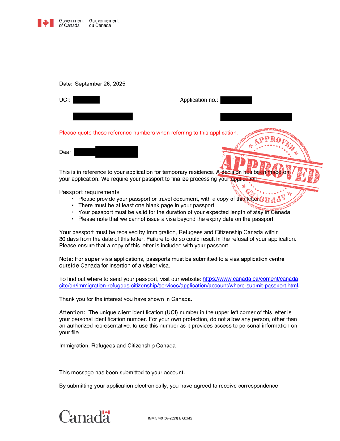 Redacted IRCC temporary resident visa approval