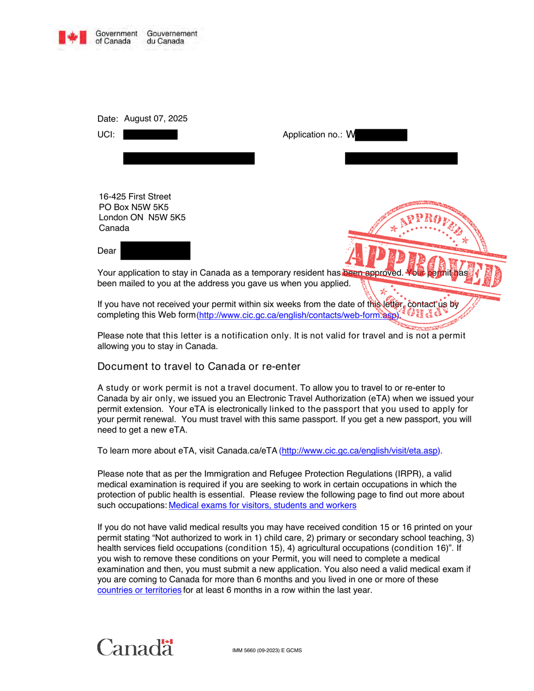 Redacted IRCC work permit approval letter